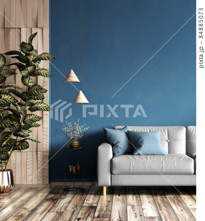 Interior design of modern apartment, gray sofa in living room over blue mock up wall, home design 3d rendering Interior design of modern apartment, gray sofa in living room over blue mock up wall, home design 3d rendering 84885073
