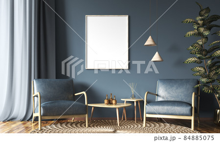 Interior with armchairs and coffee tables in living room with window and mock up poster on dark blue wall, home design 3d rendering 84885075
