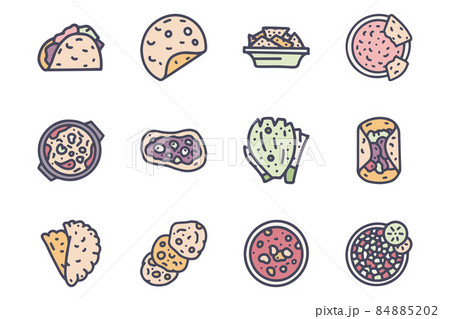 Mexican food color vector doodle simple icon set 84885202