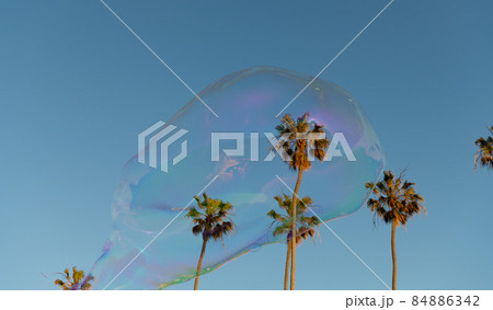 beautiful soap bubble blower fly among palm trees in summer sky, soap bubble 84886342