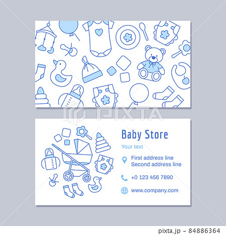 Baby store discount card outline design template. Thin line visit identity on white background. Kids clothing, toys, diaper, furniture. Business contact, mobile phone, web vector illustration. Baby store discount card outline design template. Thin line visit identity on white background. Kids clothing, toys, diaper, furniture. Business contact, mobile phone, web vector illustration. 84886364