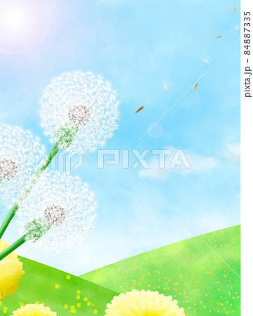 タンポポの綿毛が飛ぶ青空の風景 のイラスト素材