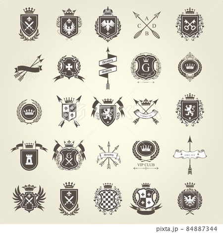 Set of heraldic blazon, coat of arms, knight and chivalry emblems, shield crest,  heraldry vector 84887344