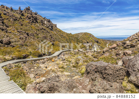 Picture of hiking trail in Tongariro National Park on northern island of New Zealand imn summer Picture of hiking trail in Tongariro National Park on northern island of New Zealand imn summer 84888152