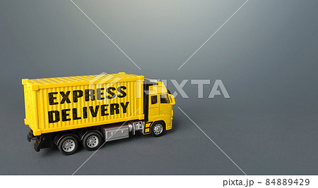 Express delivery yellow truck. Transport service infrastructure. Logistics. Transportation company. Urgent delivery, shipping. Distribution of orders and goods to consumers in a short time. Express delivery yellow truck. Transport service infrastructure. Logistics. Transportation company. Urgent delivery, shipping. Distribution of orders and goods to consumers in a short time. 84889429