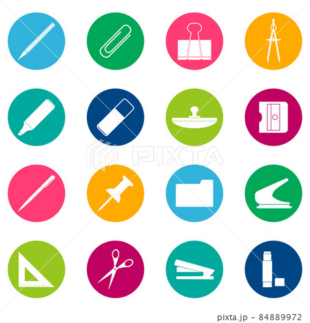 Set of white stationery icons on color background, vector illustration 84889972