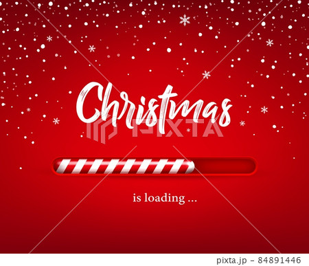 Christmas loading progress bar with realistic vector candy cane on red background with white snow and snowflakes. Xmas sweet food stick with load level, Christmas and winter holiday countdown design 84891446