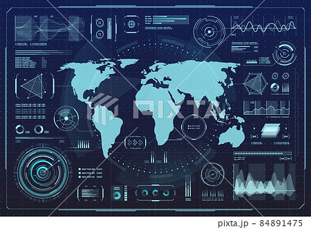 HUD hologram interface, digital earth map infographic charts and graphs. HUD virtual touch screen vector interface for game or technology background, UI data graphics panel or dashboard display 84891475