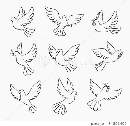 Christmas dove and pigeon bird vector silhouettes of Xmas tree decorations. Christian religion symbols of peace, hope and love, doves flying with olive branches and spread wings, isolated background 84891492