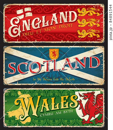 England, Scotland, Wales british regions plates or stickers, vector tin signs. UK Britain metal plates with maps, crest or emblems with slogans and landmark symbols of regions, travel luggage tags 84891544