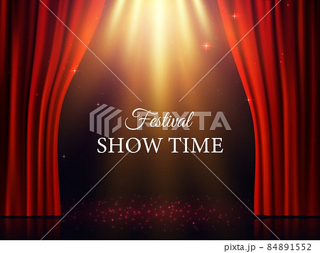 Realistic red curtains and stage with fairy glow, vector background. Theater, cinema or movie, circus, opera or concert hall show time announcement performance scene with spotlight illumination 84891552