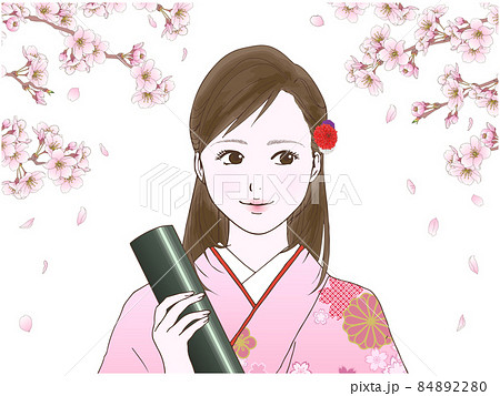 横目の袴の女性とさくら 84892280