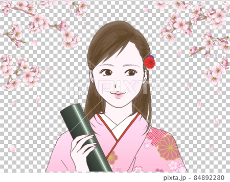 横目の袴の女性とさくら 84892280