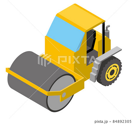 ロードローラー車 働く車 働く自動車のアイソメトリックス デフォルメイラストのイラスト素材