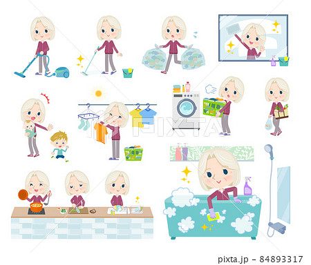掃除や洗濯など家事に関するジャージを着た高齢白人女性のセット 84893317