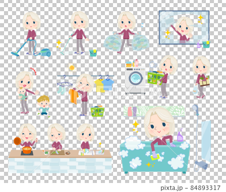 A set of elderly Caucasian women wearing jerseys for household chores such as cleaning and washing 84893317