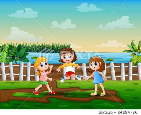 Cheerful The Children Playing Jump Rope At Nature のイラスト素材