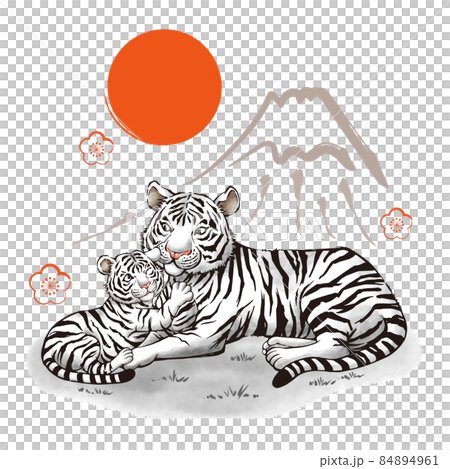 虎の親子と富士山の水墨画風イラスト　寅年　年賀状素材 84894961