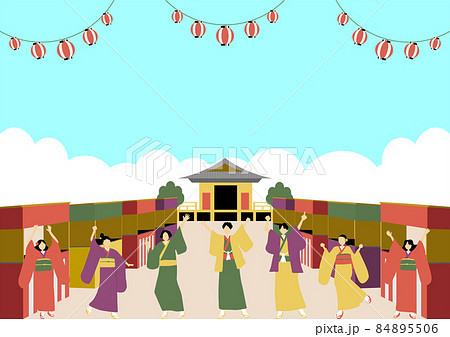 和服を着た若者たち 初詣 屋台のイラスト素材