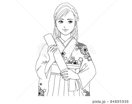 横目の袴の女性 線画 のイラスト素材