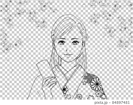 袴の女性とさくら(線画) 袴の女性とさくら(線画) 84897481