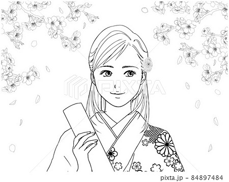横目の袴の女性とさくら 線画 のイラスト素材