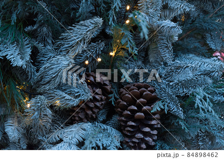 Minimalism in the design of the Christmas tree. Only pine cones and Christmas garlands. Background, texture. environmental friendliness Minimalism in the design of the Christmas tree. Only pine cones and Christmas garlands. Background, texture. environmental friendliness 84898462