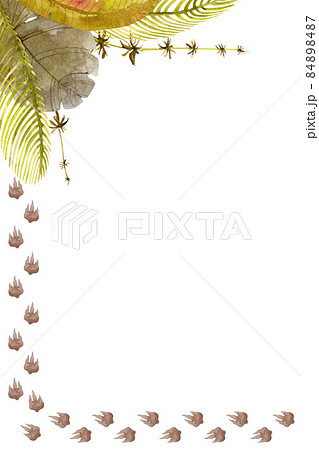 Dinosaurs footprints and plants card on white. Watercolor illustration 84898487