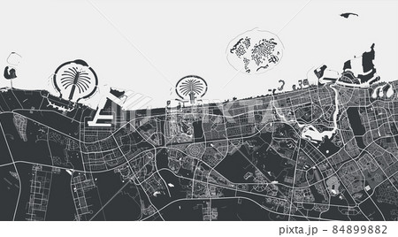 Dubai vector map. Detailed black map of Dubai city poster with streets. Cityscape urban vector. 84899882