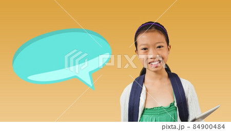 Digital composite of blank speech bubble with copy space by smiling schoolgirl Digital composite of blank speech bubble with copy space by smiling schoolgirl 84900484