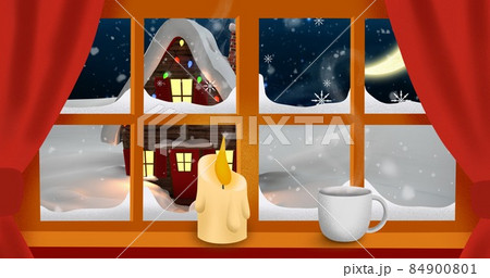 Vector image of candle and coffee cup on window sill with snow covered house in background 84900801