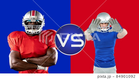 Digital composite image of rival american football players with arms crossed and gesturing 84901092