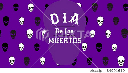Dia de los muertos text with spooky skulls against purple background, copy space Dia de los muertos text with spooky skulls against purple background, copy space 84901610