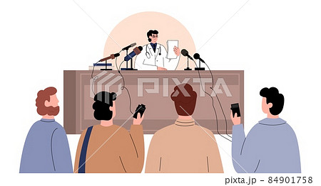 Doctor at press conference making announcement or tell news about Coronavirus or COVID pandemic. Vector illustration. 84901758