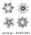 Set of four black snowflakes on a white background. Abstract computer generated fractal image of a snowflake. Illustration, isolate. Use as a stamp or brush 84901961