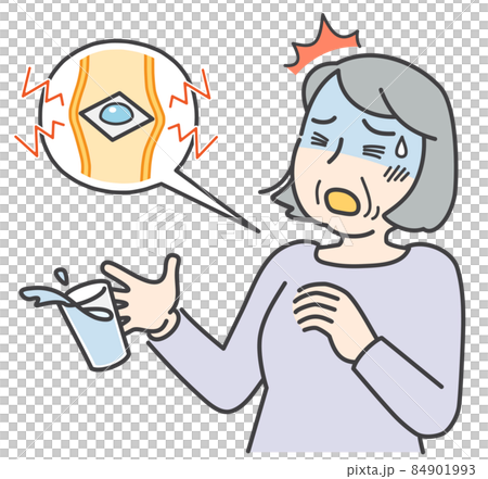 服薬の際にPTP包装シートのまま誤飲する高齢女性 84901993