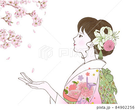 横向きの晴れ着の女性とさくら 横向きの晴れ着の女性とさくら 84902256