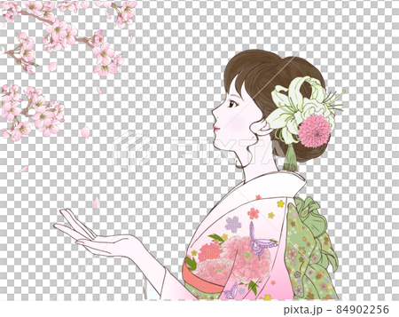 側身和服的女人和小櫻 84902256
