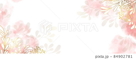 Luxurious golden wallpaper. Minimalistic style. Banner with flowers and leaves. Watercolor pink and beige spots on a white background. Shiny flowers and twigs. Vector file. 84902781