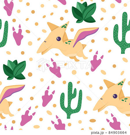 Seamless pattern of cute dinosaur with cactus and succulents for decorating the nursery, banners or textile. Flat style, isolated on a white. Vector illustration 84903664