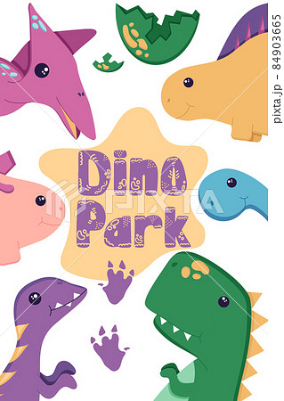 Poster of cute dinosaurs for decorating the nursery, Mesozoic era stickers for children, with hand drawn alphabet in a flat style, isolated on a white. Vector illustration 84903665