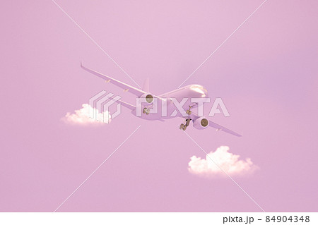 Pastel pink plane flying in the sky with clouds. Plane take off and pastel background. Minimal idea concept. Airline concept travel plane passengers. Jet commercial aircraft. 3d render Pastel pink plane flying in the sky with clouds. Plane take off and pastel background. Minimal idea concept. Airline concept travel plane passengers. Jet commercial aircraft. 3d render 84904348