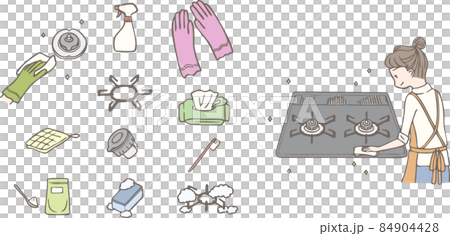 一位女士正在清潔爐灶和與清潔爐灶有關的配件 84904428