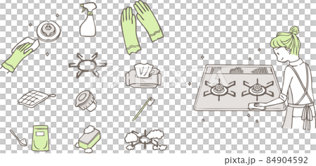 一位女士正在清潔爐灶和與清潔爐灶有關的配件 84904592