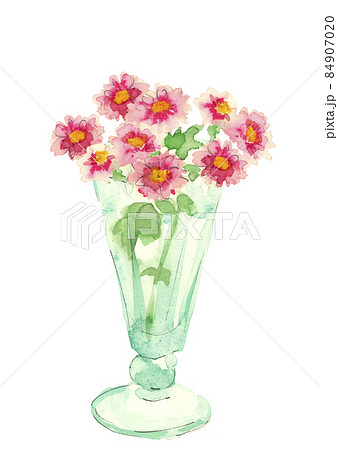 グラスに生けた秋明菊 シュウメイギク 水彩イラスト 花 素材 白バック 透過背景のイラスト素材