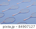 Tennis racket with balls on pastel blue and coral background. Trendy 3d render for fitness. Minimal composition for sport and healthy concept. 84907127