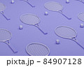 Tennis racket with balls on pastel purple and coral background. Trendy 3d render for fitness. Minimal composition for sport and healthy concept. 84907128