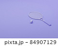 Tennis racket with balls on pastel purple and coral background. Trendy 3d render for fitness. Minimal composition for sport and healthy concept. 84907129