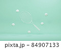 Tennis racket with balls on pastel blue and white background. Trendy 3d render for fitness. Minimal composition for sport and healthy concept. 84907133