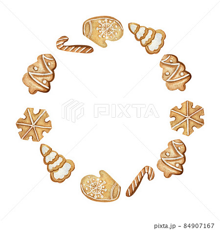 Winter wreath with Christmas ginger cookies. Watercolor illustration Winter wreath with Christmas ginger cookies. Watercolor illustration 84907167